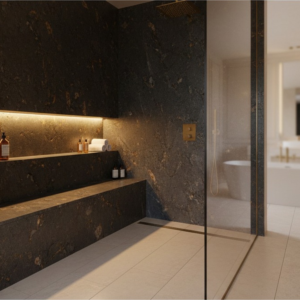 Ruime walk-in shower met regendouche