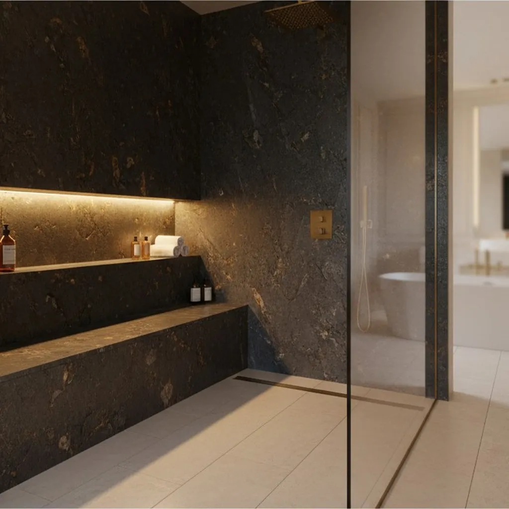 Ruime walk-in shower met regendouche