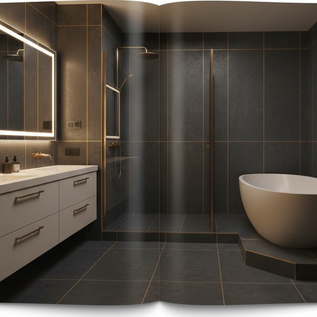 Luxe moderne badkamer met dark stone en gold accents