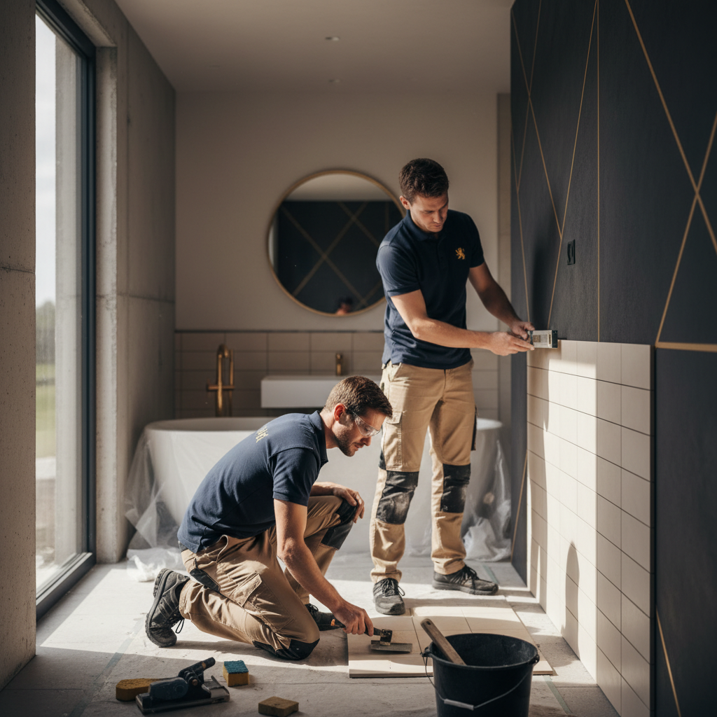 Vakmannen aan het werk bij badkamerrenovatie