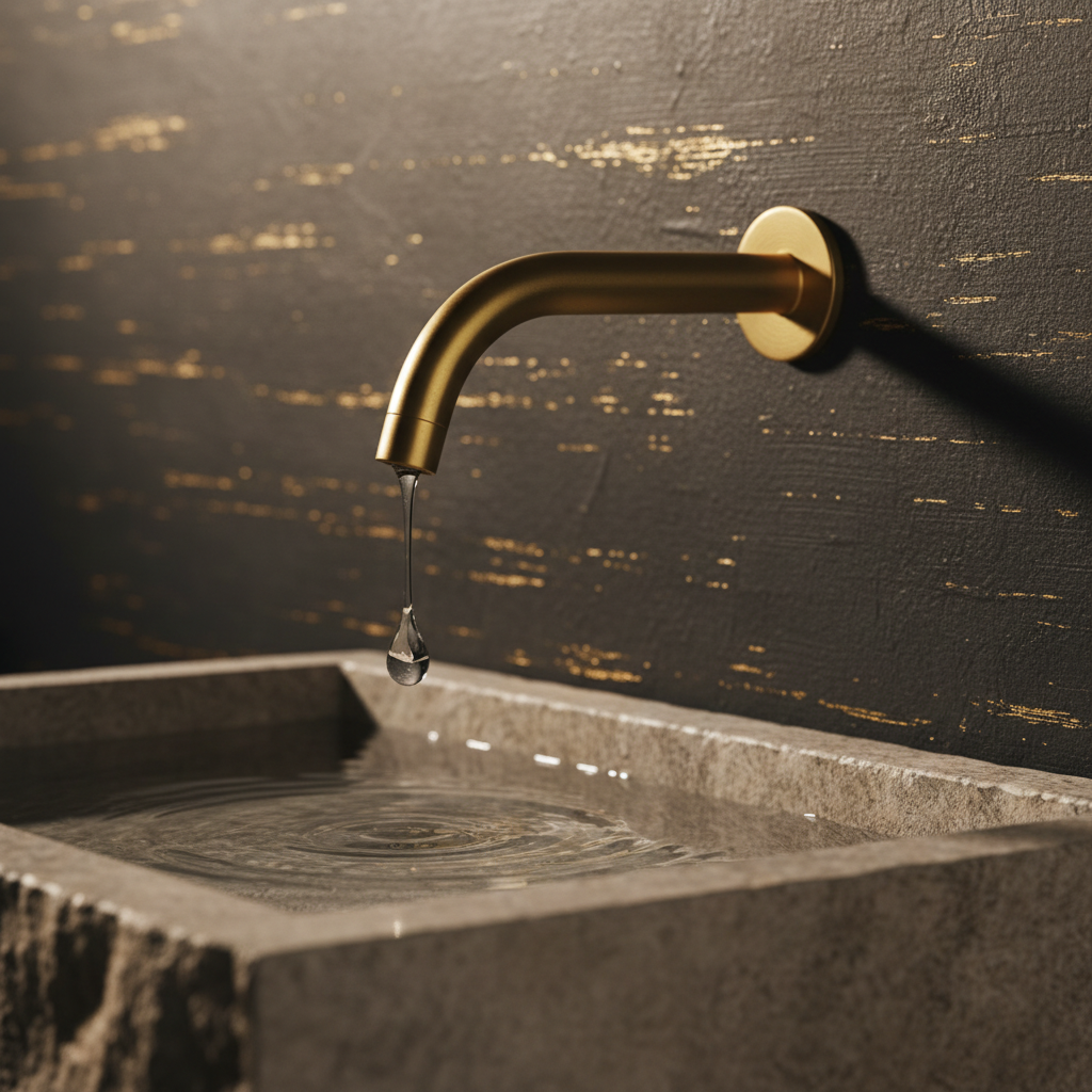 Brushed gold kraan boven stenen wastafel